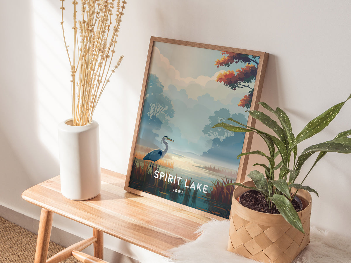 Spirit Lake, Iowa Poster | Lakeside Serenity Destination Print Wall Art — styled in a modern interior