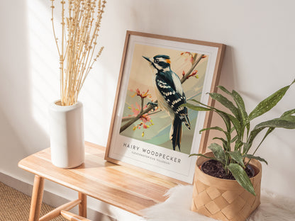 Hairy Woodpecker Poster | Bold Forest Bird Illustration Wall Art — styled in a modern interior
