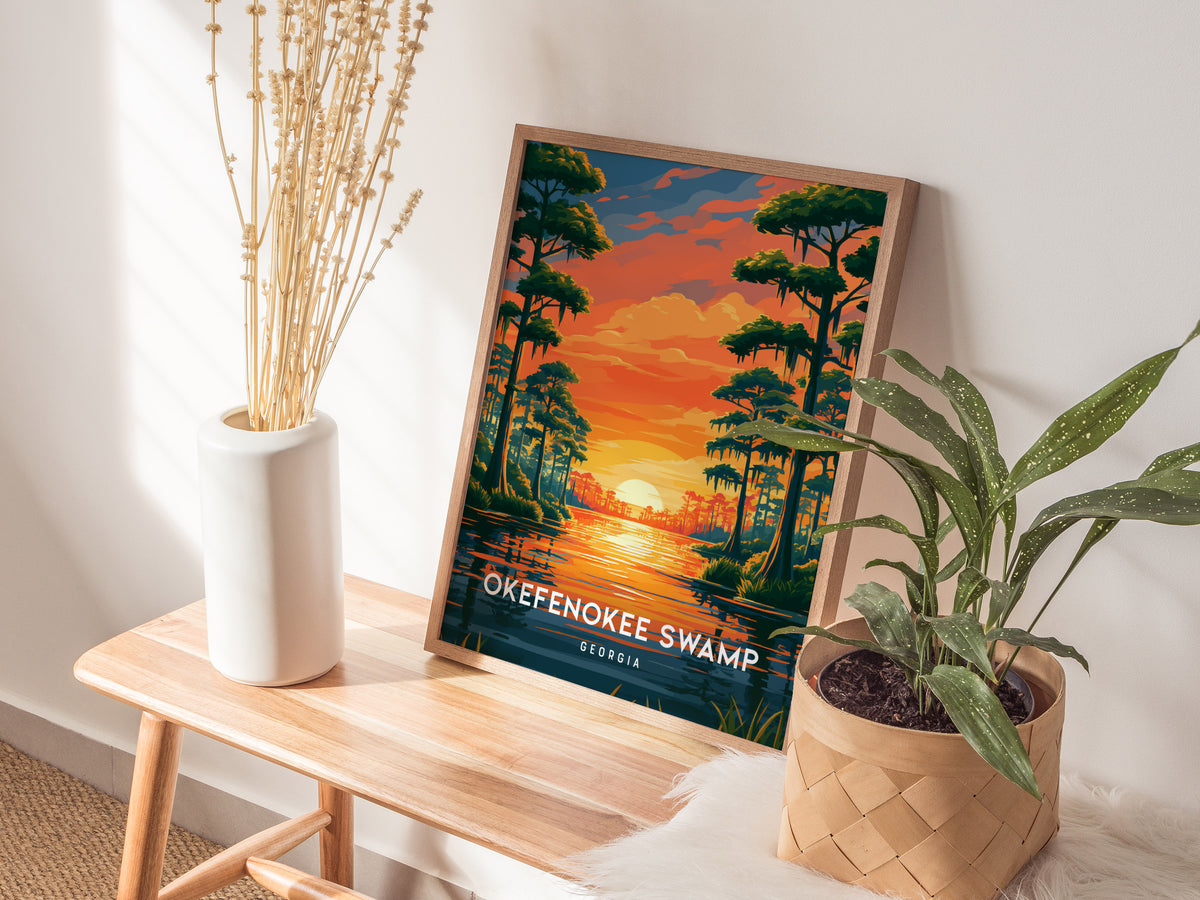 Okefenokee Swamp, Georgia Poster | Coastal Beach Decor Wetland Wildlife Wall Art — styled in a modern interior