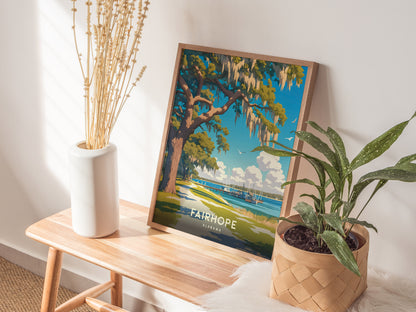 A framed poster of Fairhope, Alabama, depicting a coastal scene with a live oak tree, is displayed on a wooden bench next to a white vase and a potted plant.