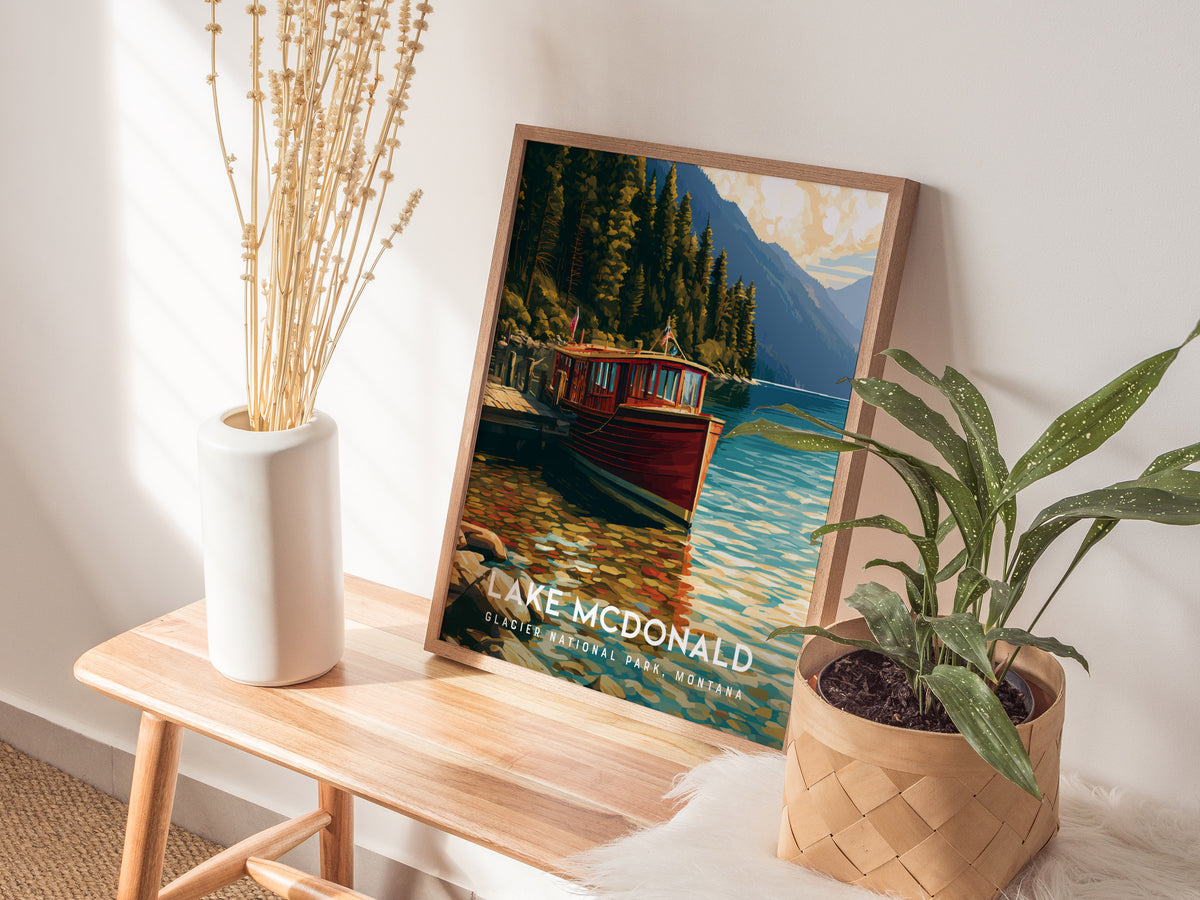 Lake McDonald, Glacier National Park, Montana Poster | Mountain Lake Reflections Destination Print Wall Art — styled in a mod