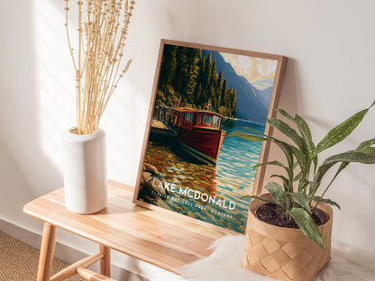 Lake McDonald, Glacier National Park, Montana Poster | Mountain Lake Reflections Destination Print Wall Art — styled in a mod