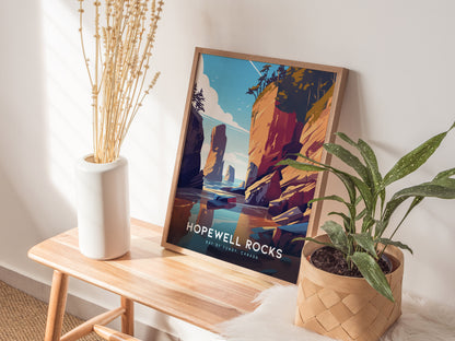 A framed Hopewell Rocks poster rests on a wooden bench beside a white vase with dried flowers and a green potted plant, creating a cozy and modern decor setup.