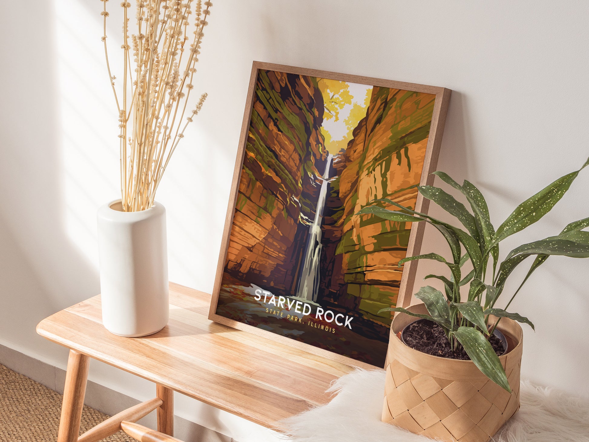 Starved Rock State Park, Illinois Poster | Canyon Waterfall Destination Print Wall Art — styled in a modern interior