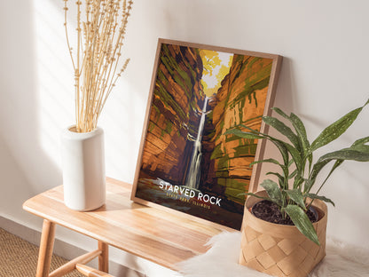 Starved Rock State Park, Illinois Poster | Canyon Waterfall Destination Print Wall Art — styled in a modern interior