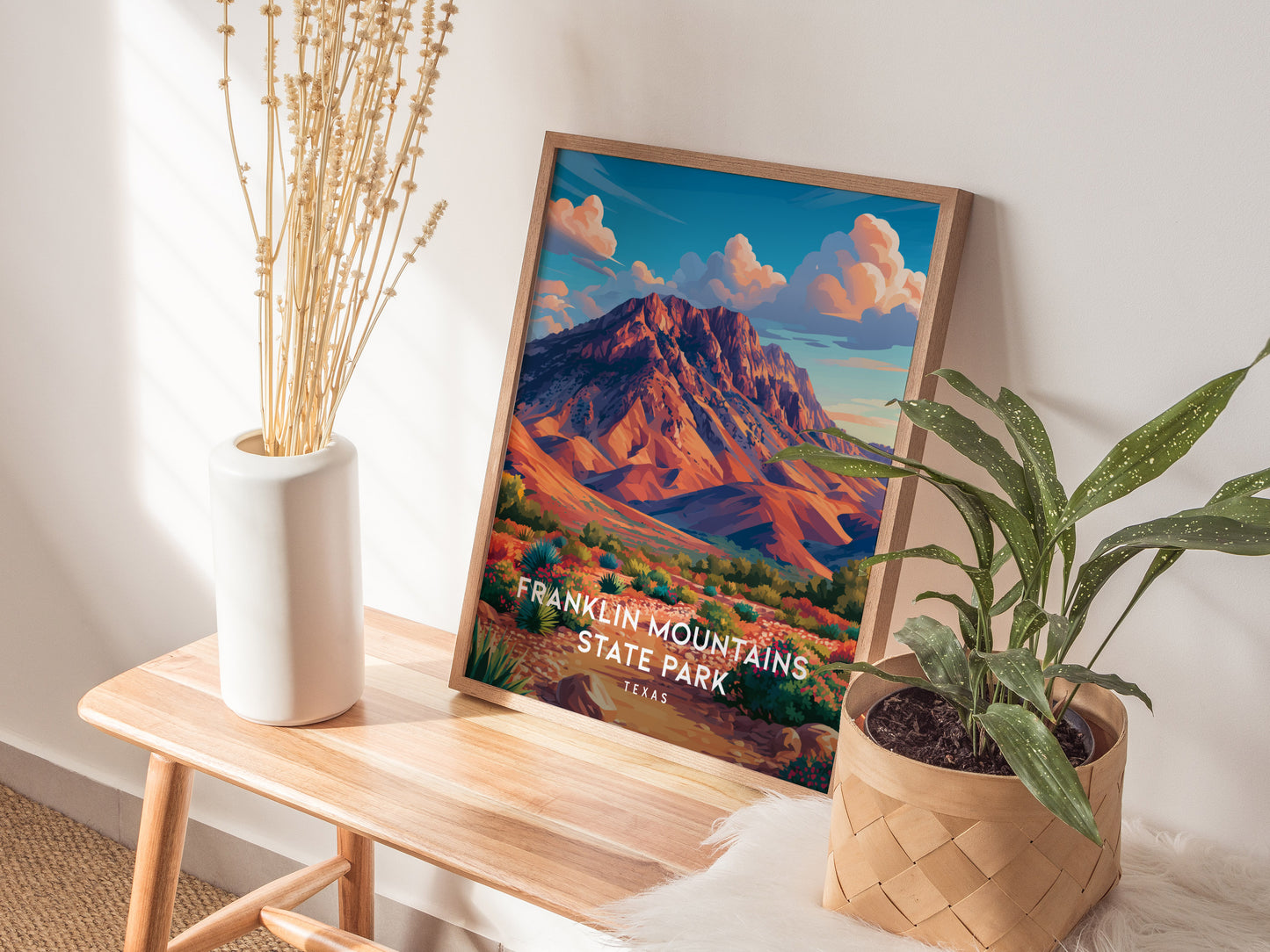 Franklin Mountains State Park, Texas Poster | Desert Peaks & Desert Sky Wall Art — styled in a modern interior