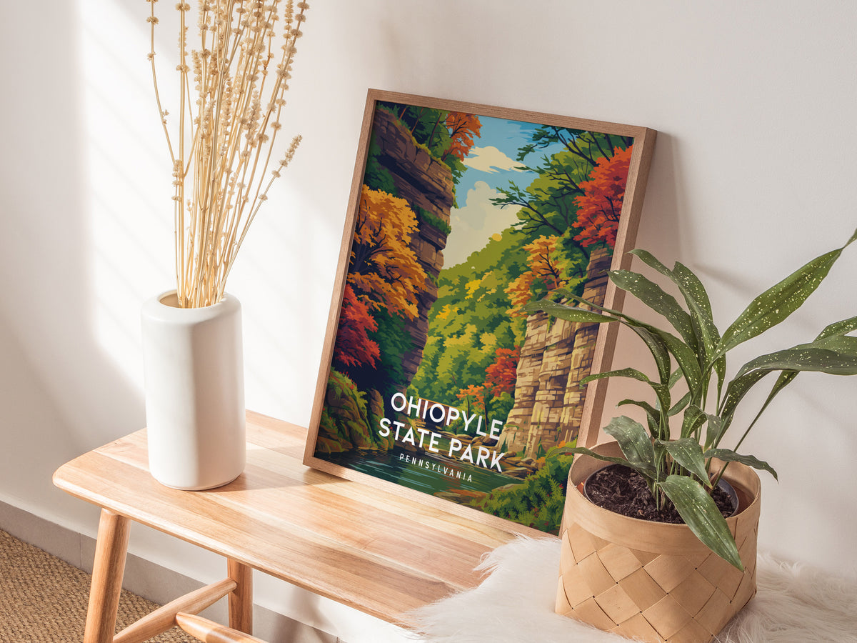 Ohiopyle State Park, Pennsylvania Poster | Waterfall & Wilderness Adventure Wall Art — styled in a modern interior