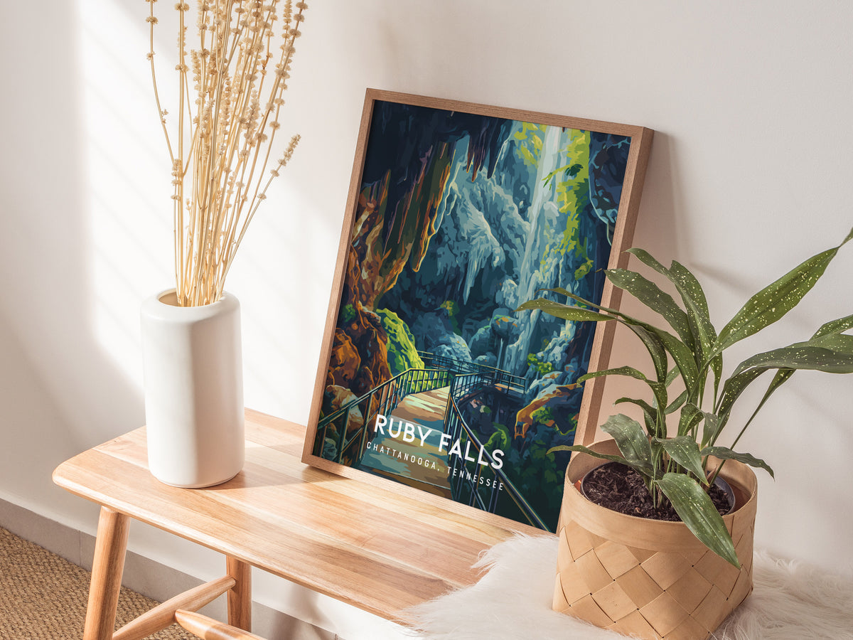 Ruby Falls, Chattanooga, Tennessee Poster | Underground Waterfall Travel Wall Art — styled in a modern interior