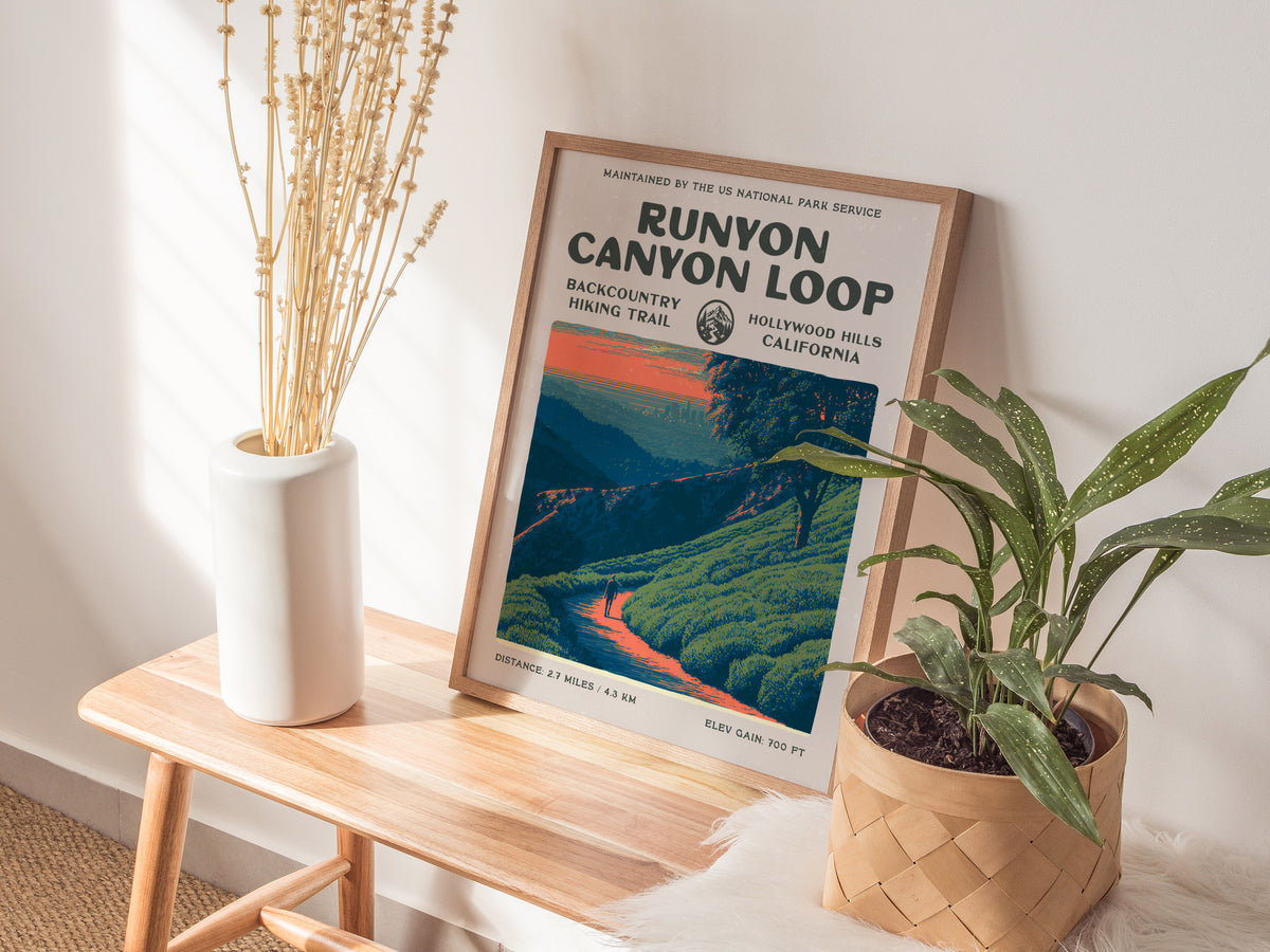 Runyon Canyon Loop, Hollywood Hills, California Poster | Hiker Gift | Bold Backcountry Block Print Wall Art — styled in a mod