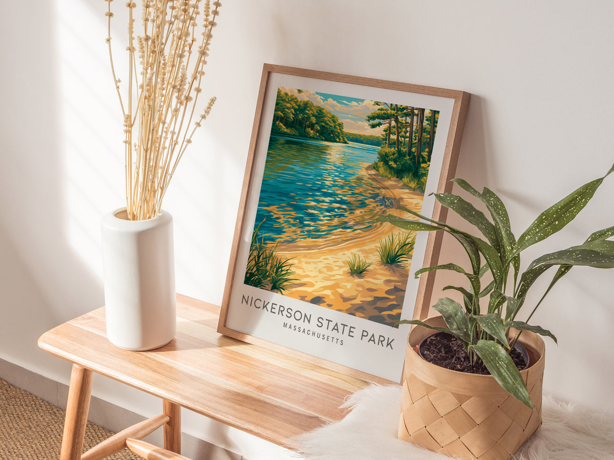 Nickerson State Park Matte Border Poster | Massachusetts Destination Print Travel Wall Art — styled in a modern interior