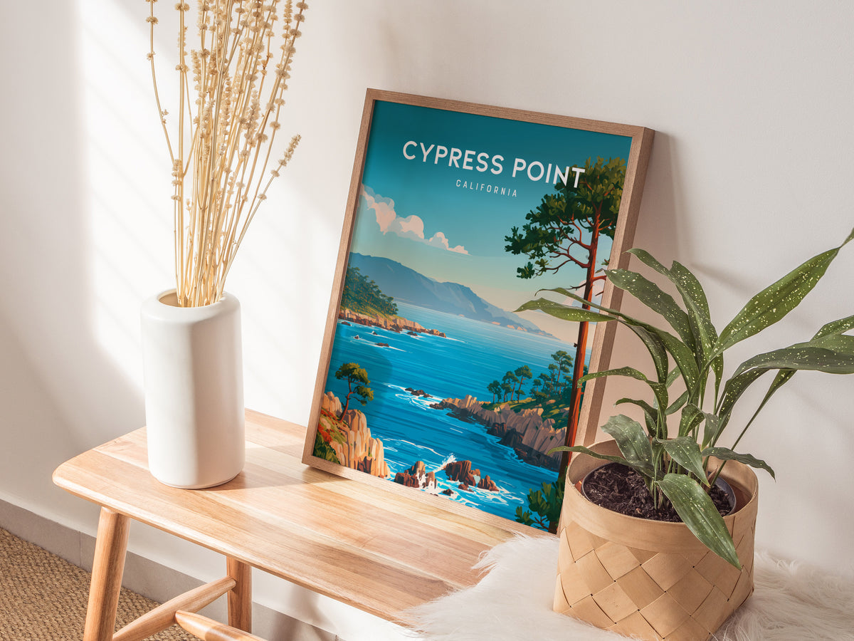 Cypress Point, California Poster | Coastal Beach Decor Travel Gift Wall Art — styled in a modern interior