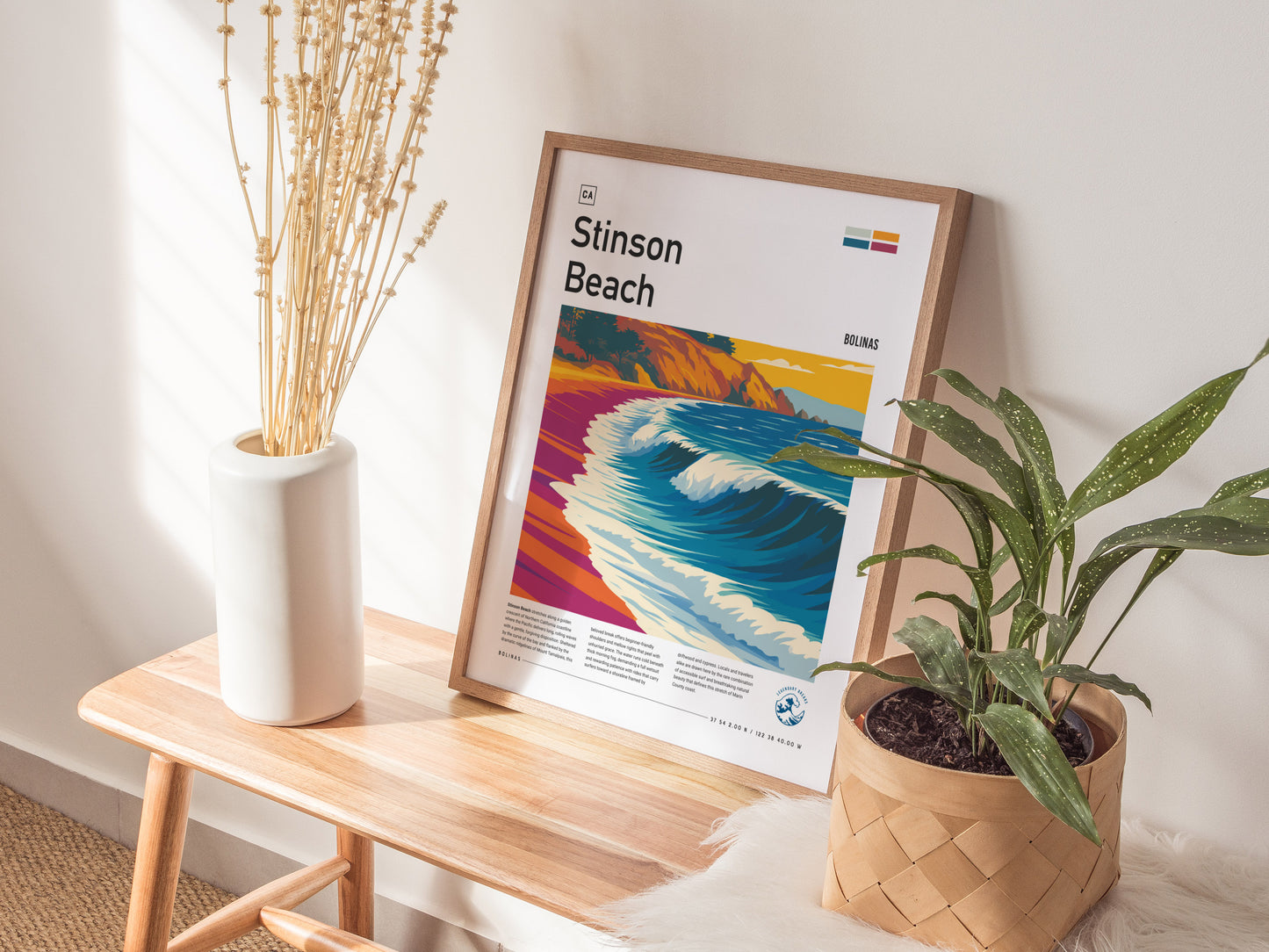 Stinson Beach, California Poster | Golden Coast Surf & Sunset Wall Art — styled in a modern interior