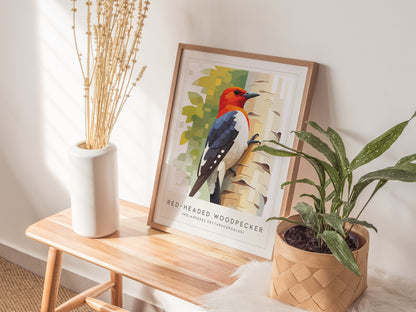 Red-headed Woodpecker, Melanerpes erythrocephalus Poster | Bold Bird Wall Art Nature Print — styled in a modern interior