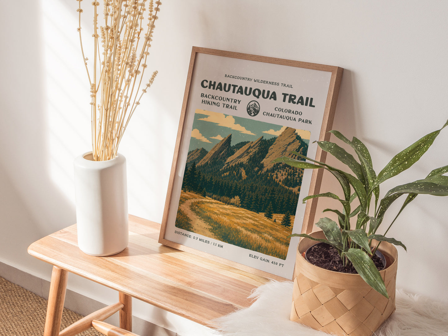 Chautauqua Trail, Boulder Poster | Hiker Gift | Flatirons Backcountry Block Print Wall Art — styled in a modern interior