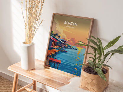Roatan, Honduras Poster | Caribbean Island Coastal Beach Decor Wall Art — styled in a modern interior