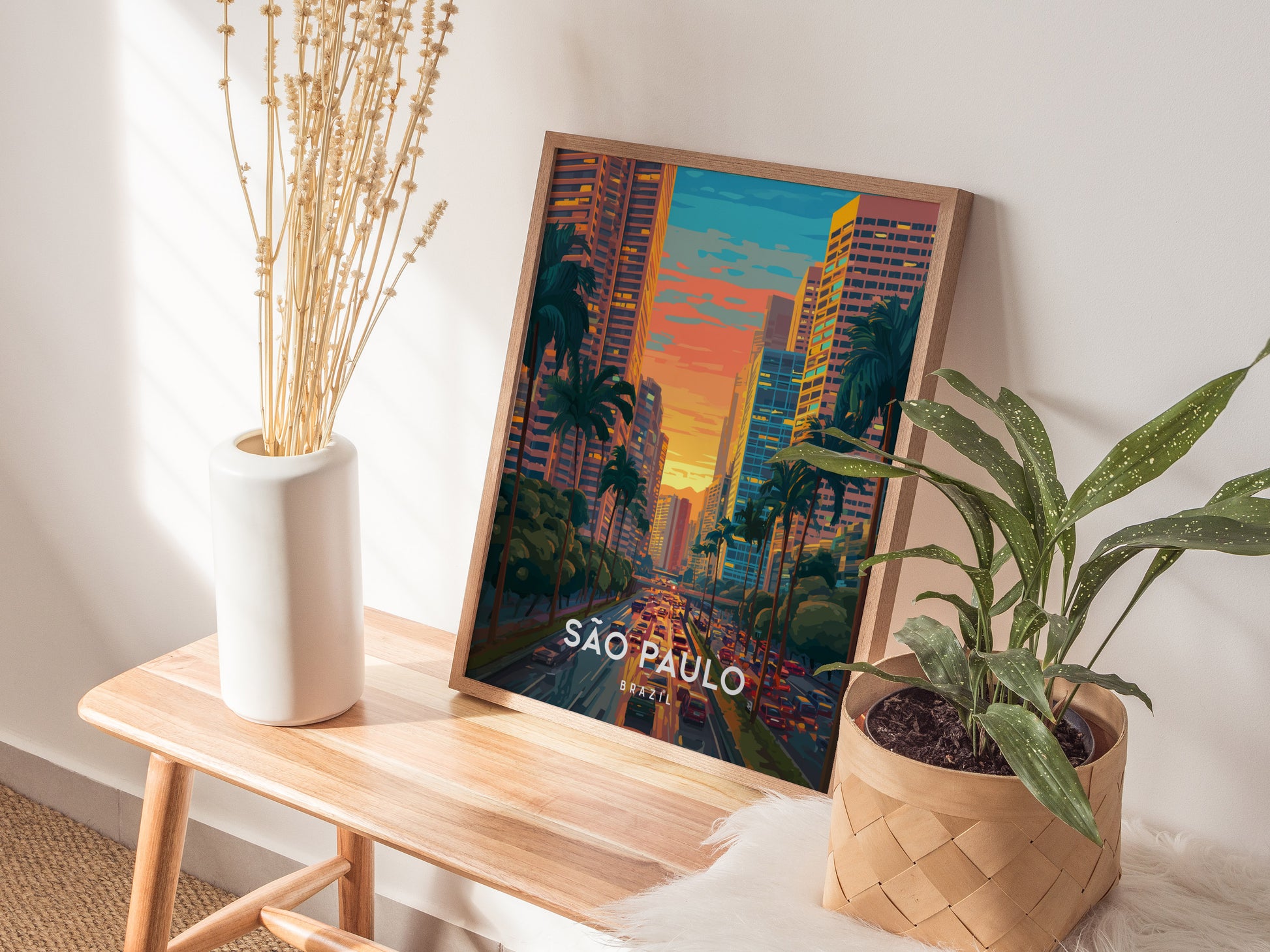 São Paulo, Brazil Poster | Urban Skyline & Tropical Energy Wall Art — styled in a modern interior