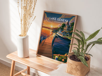 Lake Geneva, Wisconsin Poster | Lakeside Charm Destination Print Wall Art — styled in a modern interior