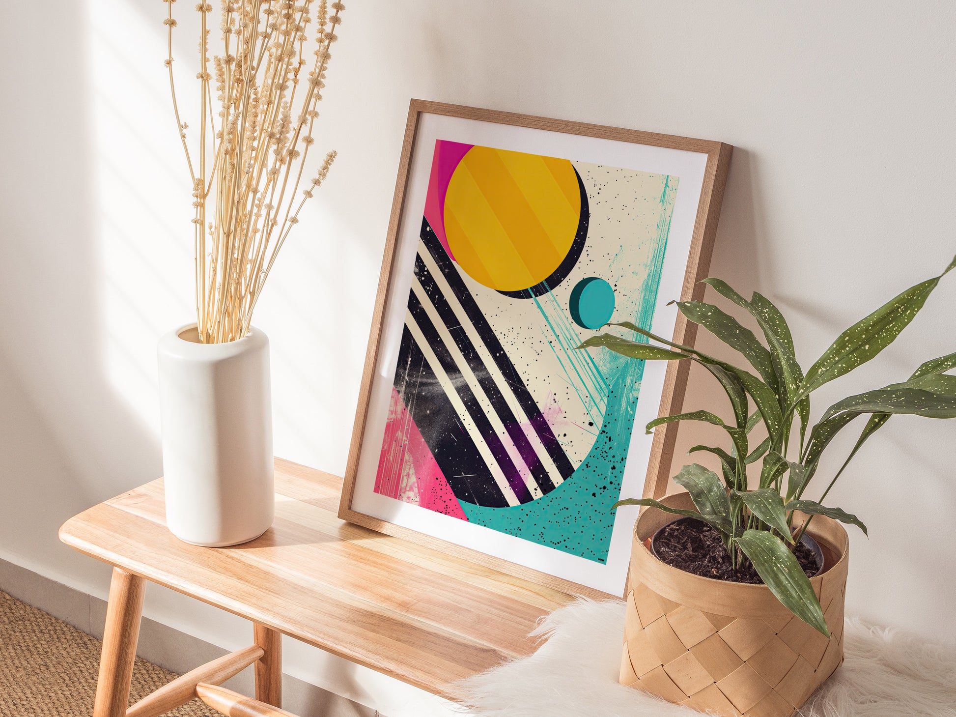 A framed abstract poster with bold geometric shapes and vibrant colors is displayed on a wooden bench, alongside a white vase with dried flowers and a potted plant.