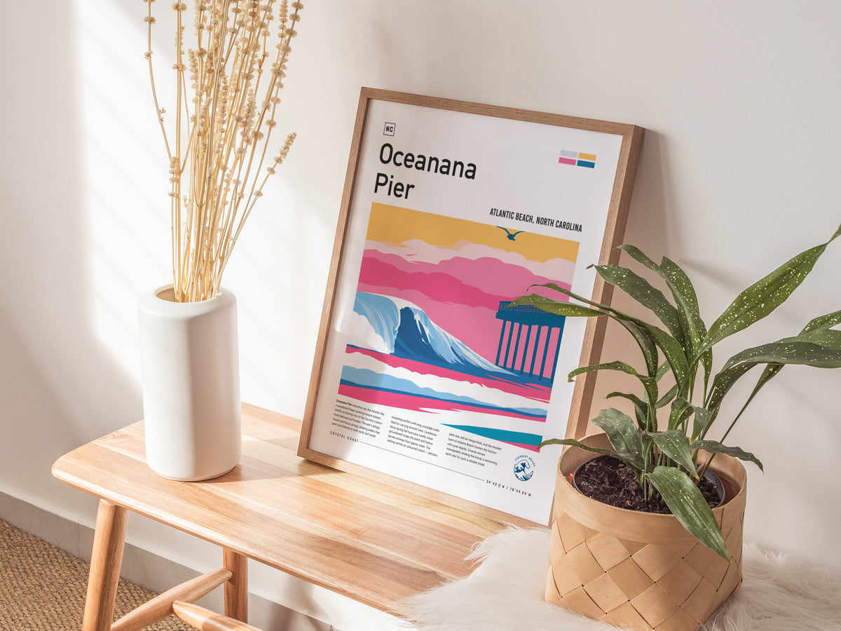 Oceanana Pier, Atlantic Beach, North Carolina Poster | Surf Wall Art & Beach House Decor — styled in a modern interior