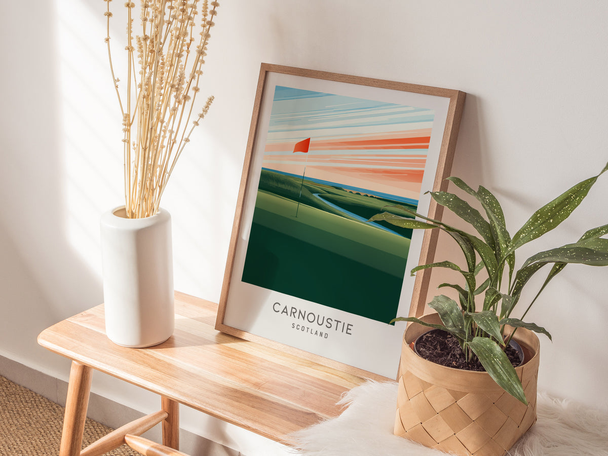 Carnoustie Matte Border Poster | Scotland Links Poster Golf Wall Art — styled in a modern interior