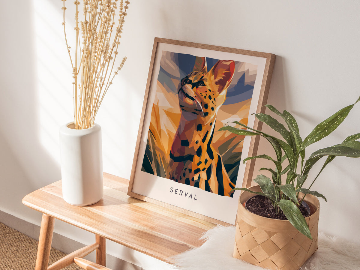 Serval, Leptailurus serval Poster | African Wild Cat Safari Decor Wall Art — styled in a modern interior