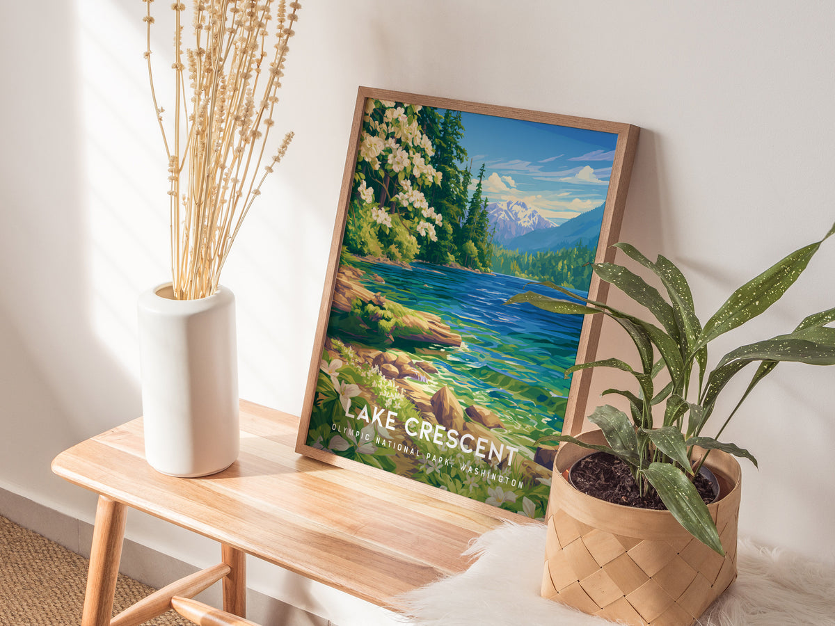 Lake Crescent, Olympic National Park, Washington Poster | Misty Mountain Wilderness Travel Wall Art — styled in a modern inte