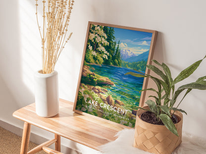 Lake Crescent, Olympic National Park, Washington Poster | Misty Mountain Wilderness Travel Wall Art — styled in a modern inte