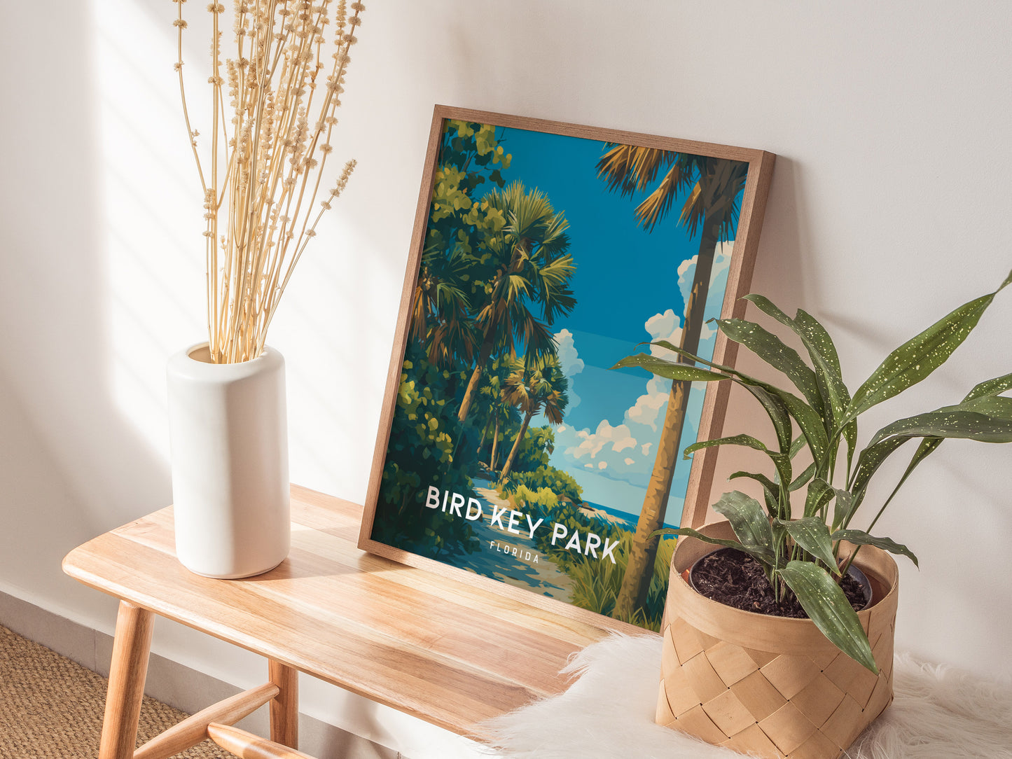 Bird Key Park, Florida Poster | Tropical Waterfront Serenity Wall Art — styled in a modern interior