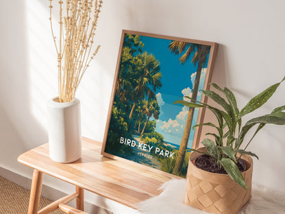 Bird Key Park, Florida Poster | Tropical Waterfront Serenity Wall Art — styled in a modern interior