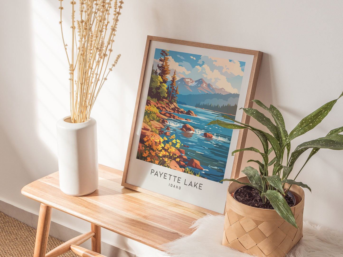 Payette Lake Matte Border Poster | Idaho Travel Wall Art — styled in a modern interior