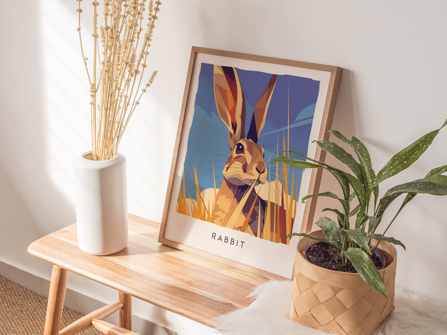 Rabbit, Wildlife Poster | Meadow Wildflower Countryside Wall Art — styled in a modern interior