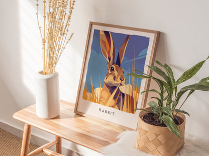 Rabbit, Wildlife Poster | Meadow Wildflower Countryside Wall Art — styled in a modern interior