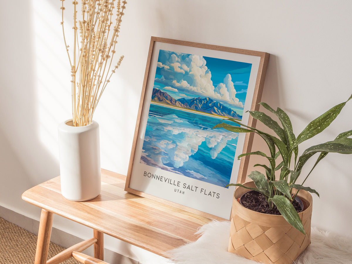 Bonneville Salt Flats Matte Border Poster | Utah Destination Print Travel Wall Art — styled in a modern interior
