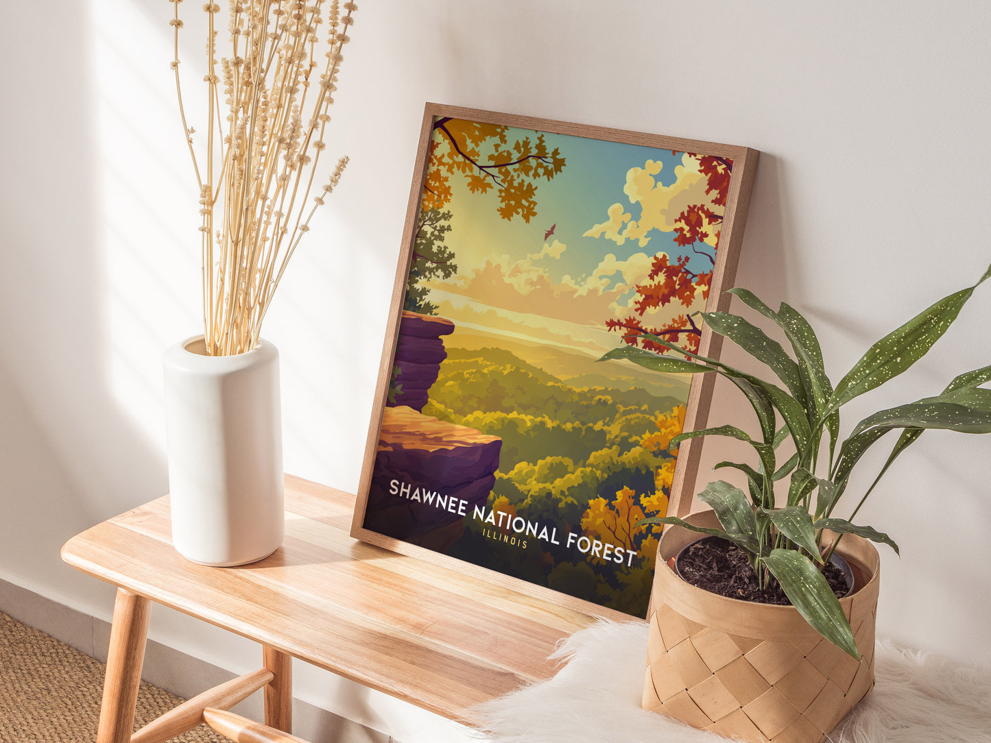 Framed Shawnee National Forest poster featuring vibrant autumn colors in a serene landscape, perfect for travel art decor.