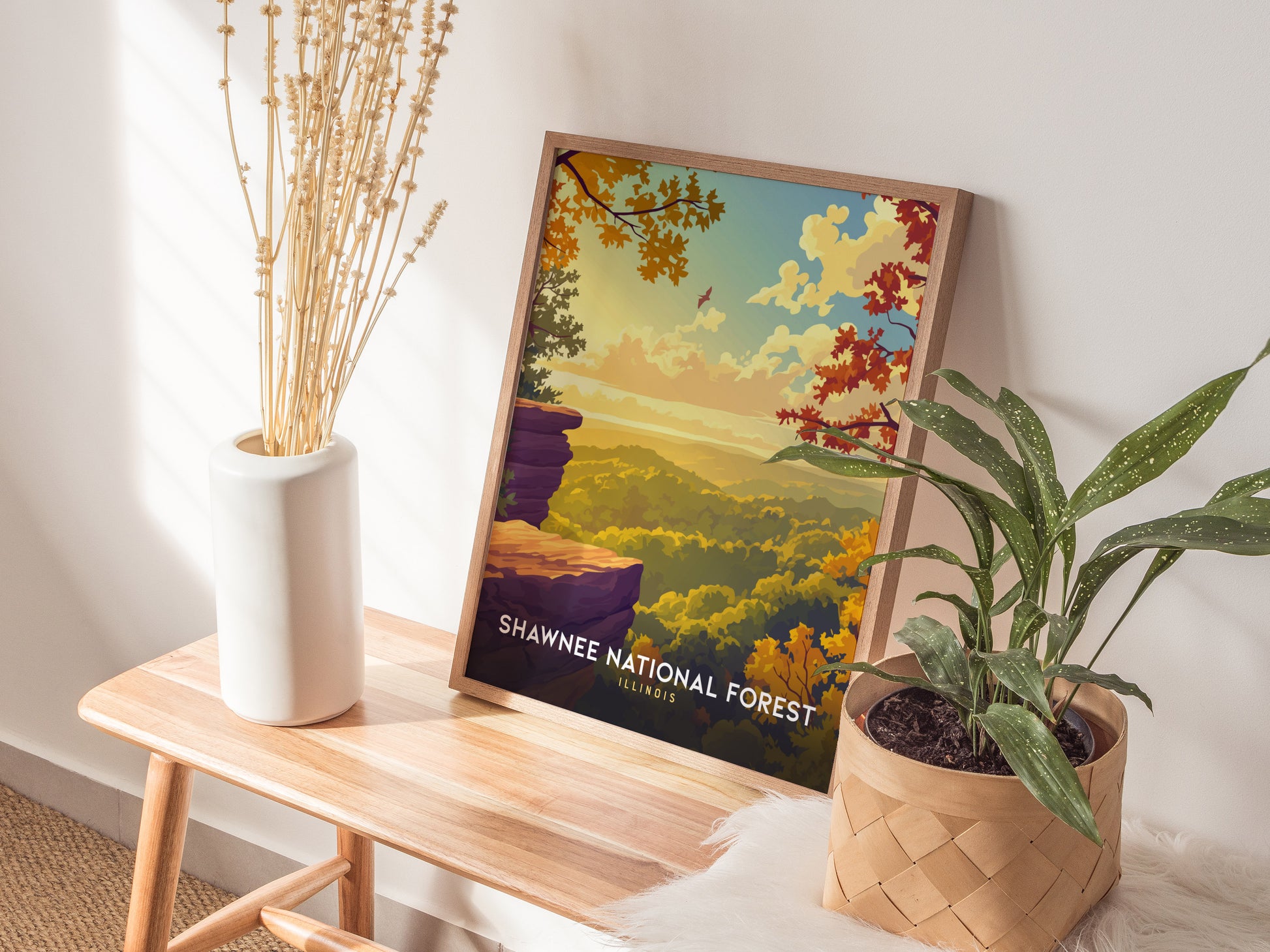 Framed Shawnee National Forest poster featuring vibrant autumn colors in a serene landscape, perfect for travel art decor.