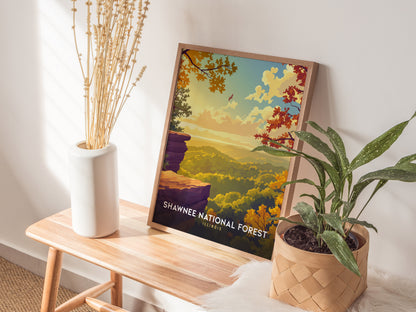 Framed Shawnee National Forest poster featuring vibrant autumn colors in a serene landscape, perfect for travel art decor.