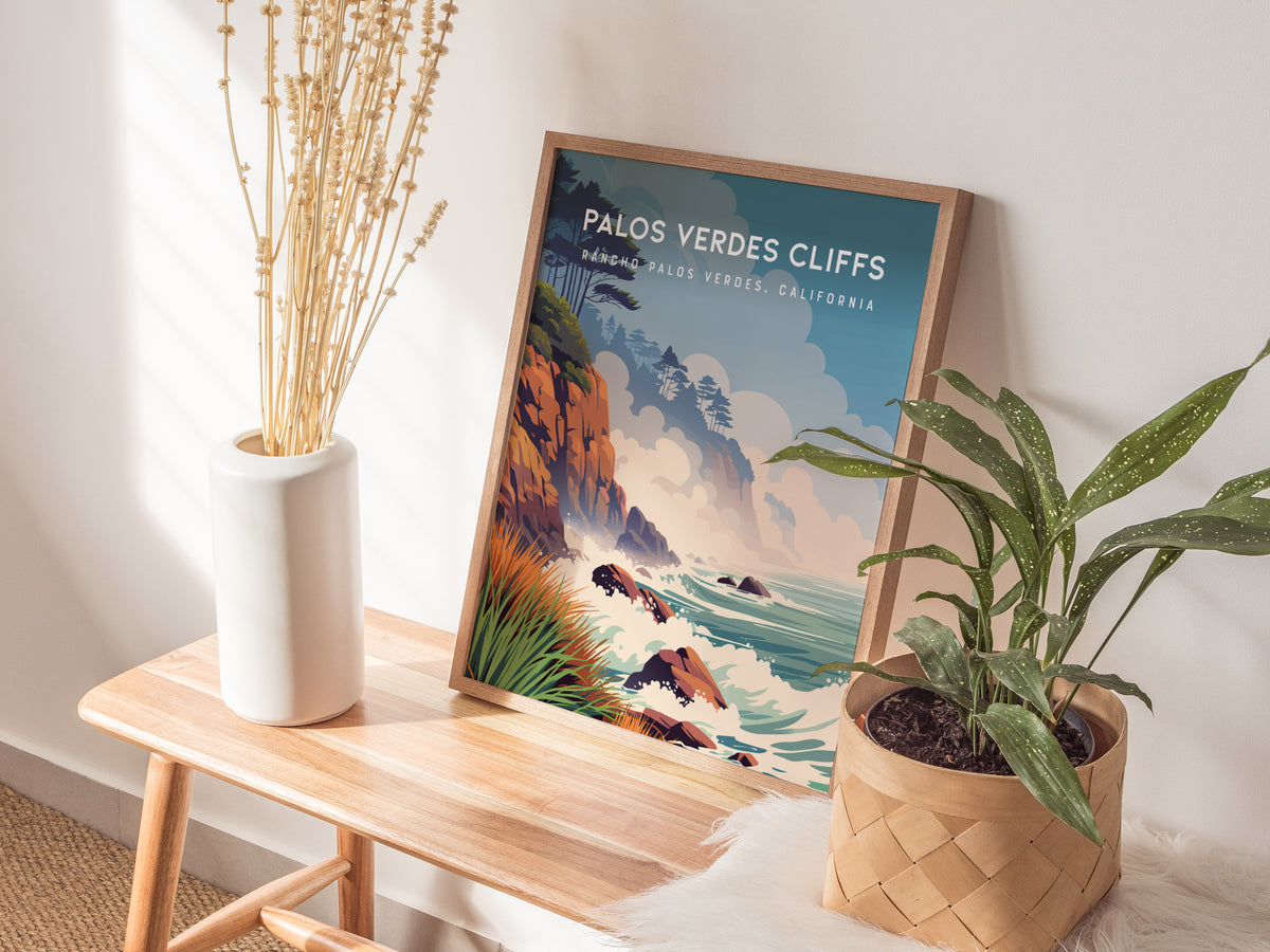 Palos Verdes Cliffs, California Poster | Dramatic Coastal Bluffs Wall Art — styled in a modern interior
