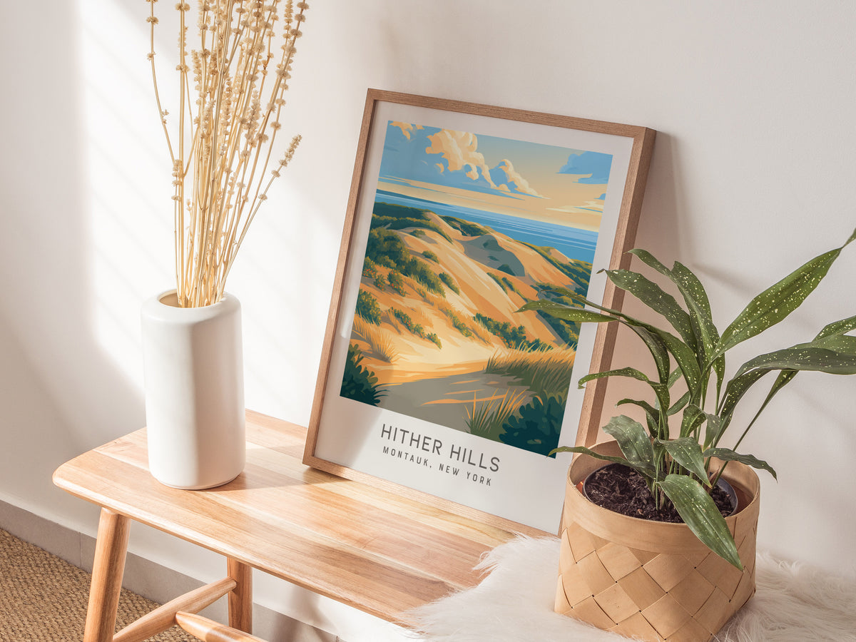 Hither Hills Matte Border Poster | Montauk, New York Travel Wall Art — styled in a modern interior