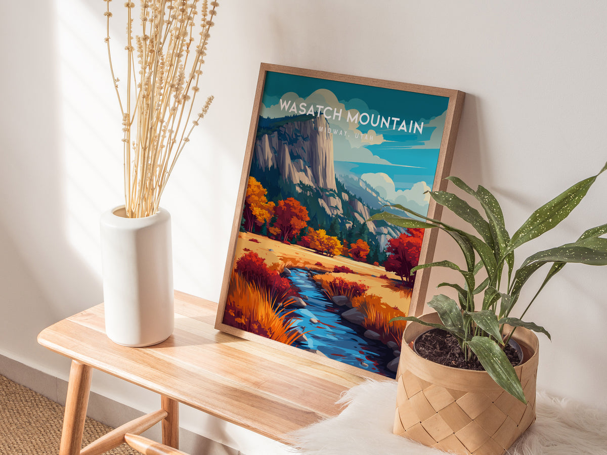 Wasatch Mountain, Midway, Utah Poster | Alpine Meadow & Peak Destination Print Wall Art — styled in a modern interior
