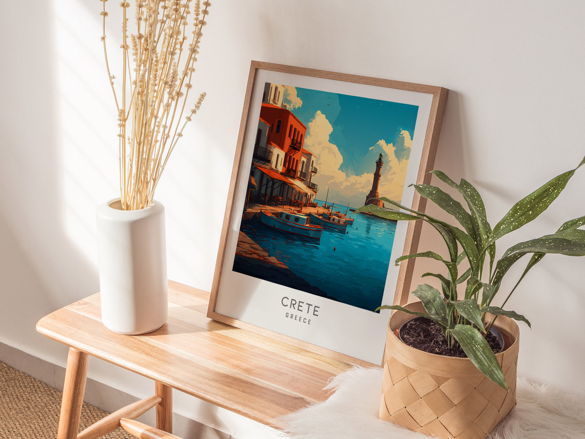 Crete Matte Border Poster | Greece Coastal Beach Decor Travel Wall Art — styled in a modern interior