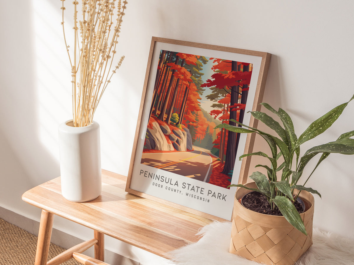 Peninsula State Park Matte Border Poster | Door County, Wisconsin Destination Print — styled in a modern interior