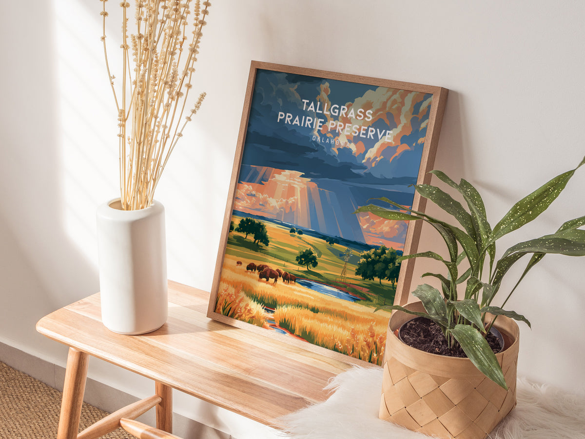 Tallgrass Prairie Preserve, Oklahoma Poster | Golden Plains & Bison Framed or Unframed Wall Art — styled in a modern interior
