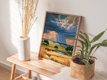 Tallgrass Prairie Preserve, Oklahoma Poster | Golden Plains & Bison Framed or Unframed Wall Art — styled in a modern interior