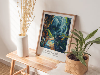 Ruby Falls Matte Border Poster | Chattanooga, Tennessee Destination Print — styled in a modern interior