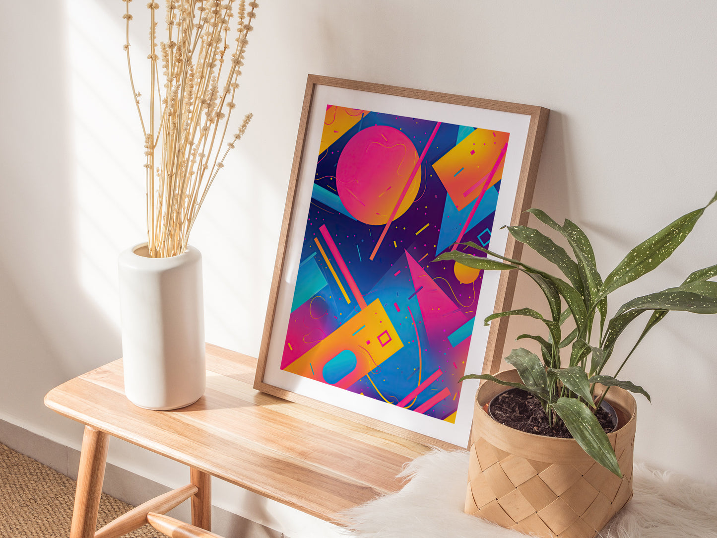 A vibrant 90s aesthetic poster with neon geometric shapes in pink, purple, yellow, and blue leans against a wall beside a potted plant and a white vase on a wooden.