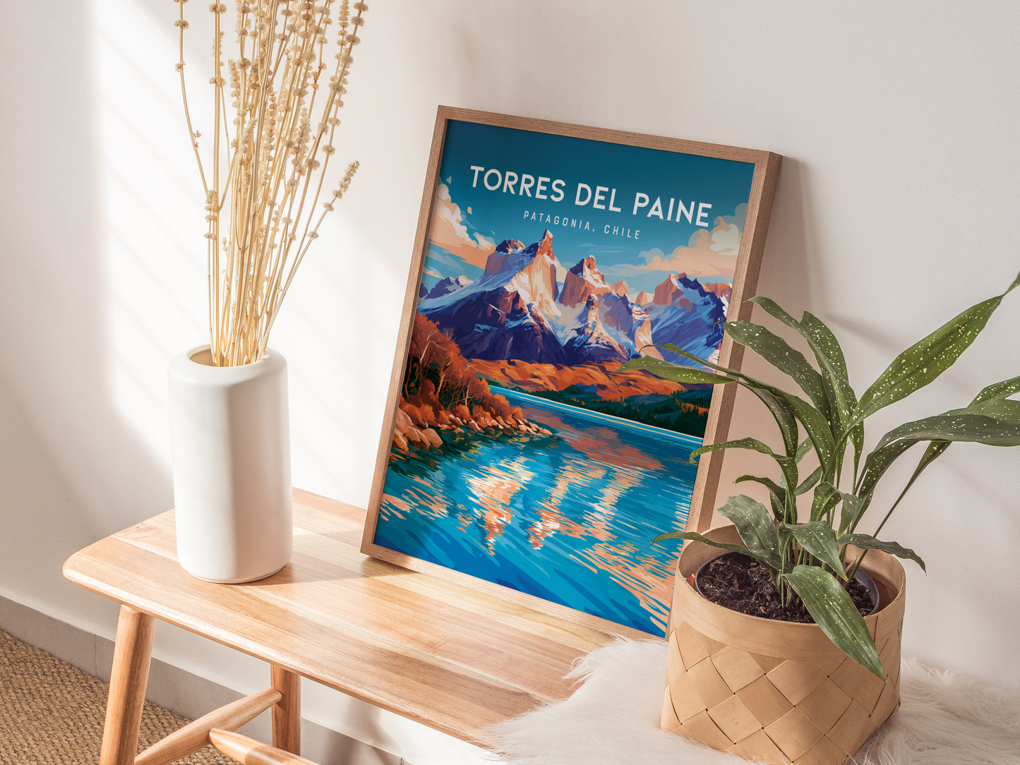 Torres del Paine, Patagonia Poster | Granite Peaks & Glacial Lake Wall Art — styled in a modern interior