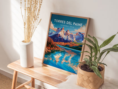 Torres del Paine, Patagonia Poster | Granite Peaks & Glacial Lake Wall Art — styled in a modern interior