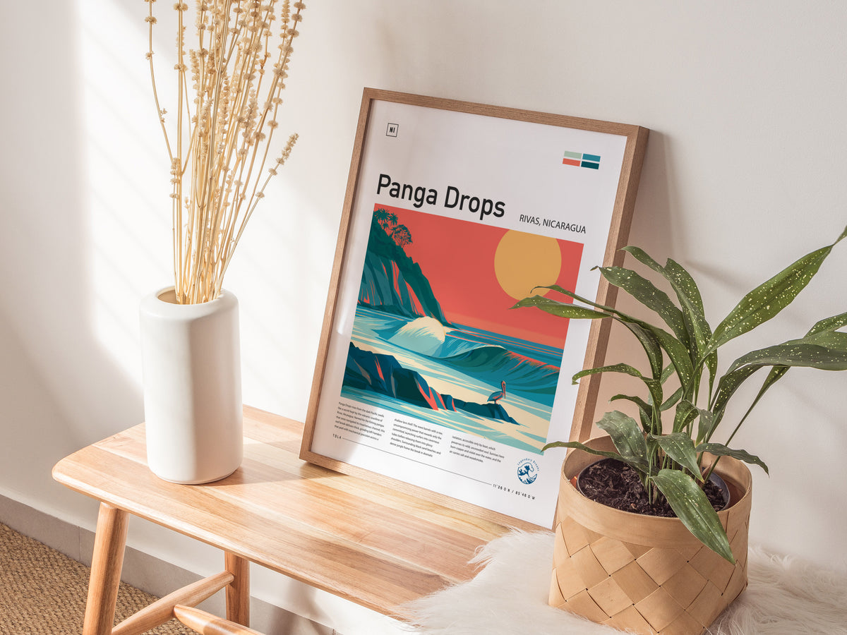 Panga Drops, Rivas, Nicaragua Poster | Tropical Surf Wall Art — styled in a modern interior