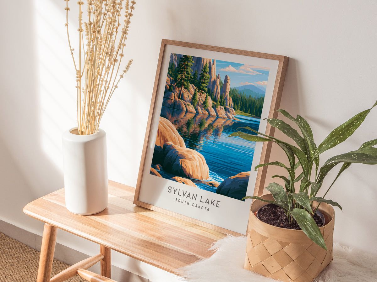 Sylvan Lake Matte Border Poster | South Dakota Destination Print Travel Wall Art — styled in a modern interior