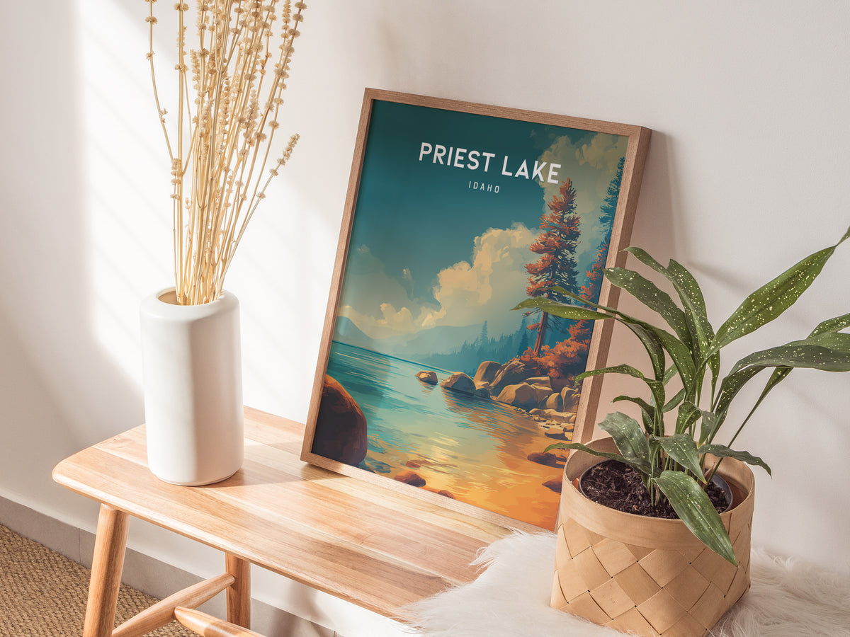 Priest Lake, Idaho Poster | Mountain Lake Retreat Framed or Unframed Wall Art — styled in a modern interior